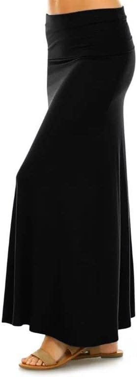 Maxi Skirt for Women- Comfy Foldover High Waist Long Flare A-Line Skirt Maxi Dress XS-3X Made in USA