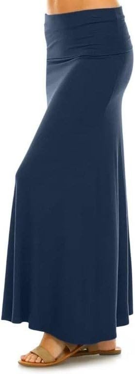 Maxi Skirt for Women- Comfy Foldover High Waist Long Flare A-Line Skirt Maxi Dress XS-3X Made in USA
