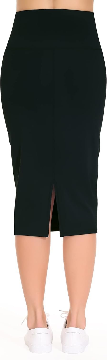 Women's High Waist Tummy Control Pencil Skirts Stretchy Bodycon Midi Skirt below Knee with Back Slit