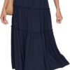 Women's Boho Elastic High Waist A Line Ruffle Swing Beach Maxi Skirt with Pockets