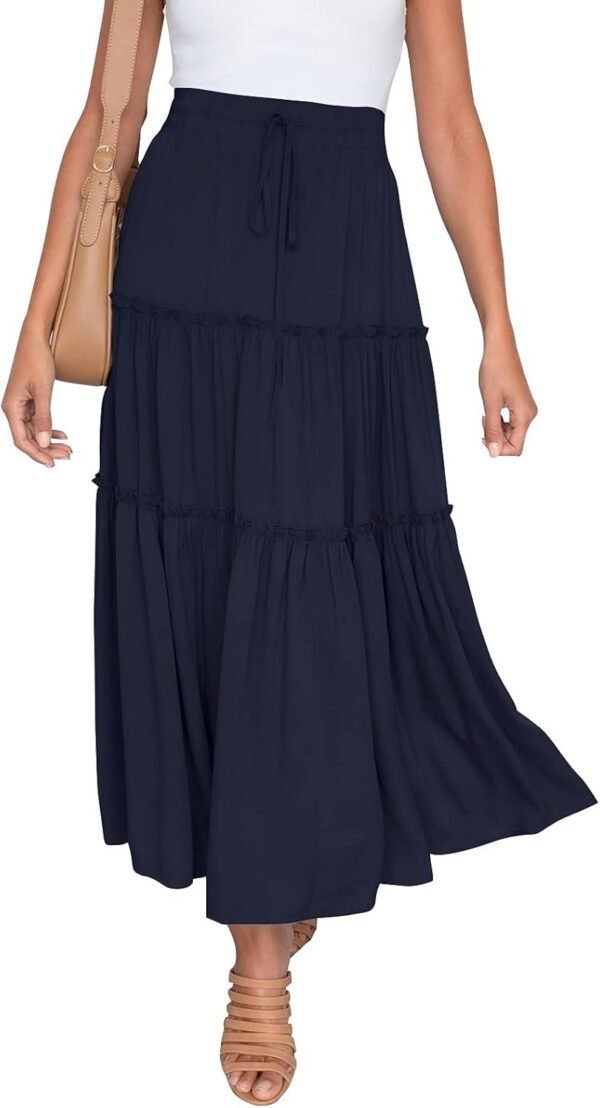 Women's Boho Elastic High Waist A Line Ruffle Swing Beach Maxi Skirt with Pockets