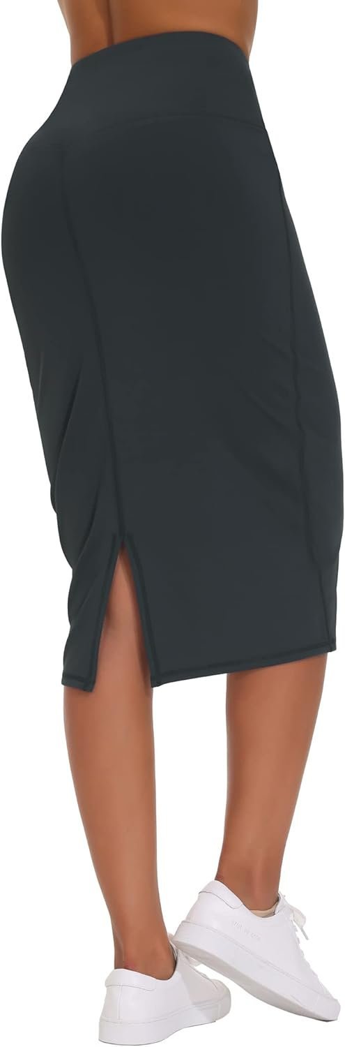 Women's High Waist Tummy Control Pencil Skirts Stretchy Bodycon Midi Skirt below Knee with Back Slit