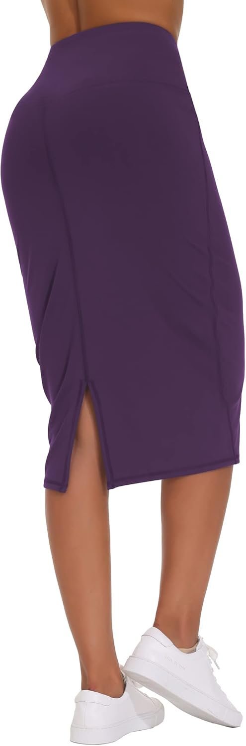 Women's High Waist Tummy Control Pencil Skirts Stretchy Bodycon Midi Skirt below Knee with Back Slit