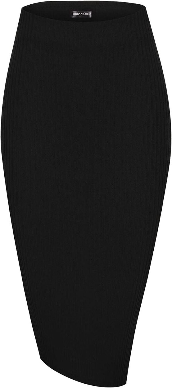 Elastic High Waist Knee Length Pencil Skirt Ribbed Knit Basic Tube Midi Skirt