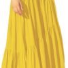 Women's Boho Elastic High Waist Pleated A-Line Flowy Swing Asymmetric Tiered Maxi Long Skirt Dress with Pockets