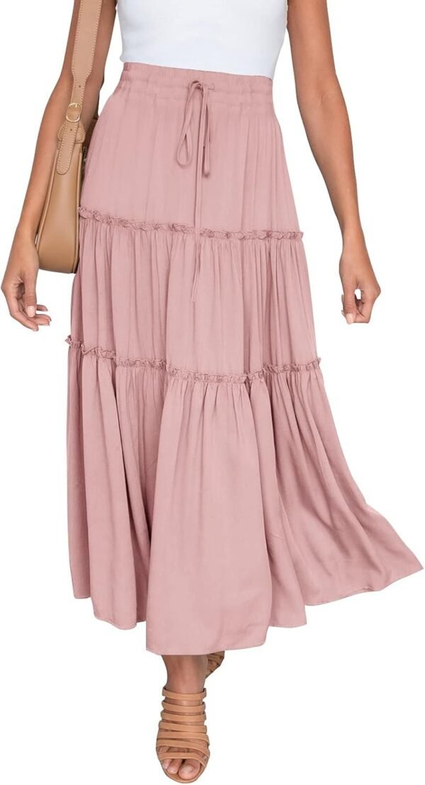 Women's Boho Elastic High Waist A Line Ruffle Swing Beach Maxi Skirt with Pockets