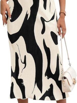 Women's Floral Casual Stretchy High Waisted Knee Length Pleated A Line Plisse Flared Hem Midi Skirt