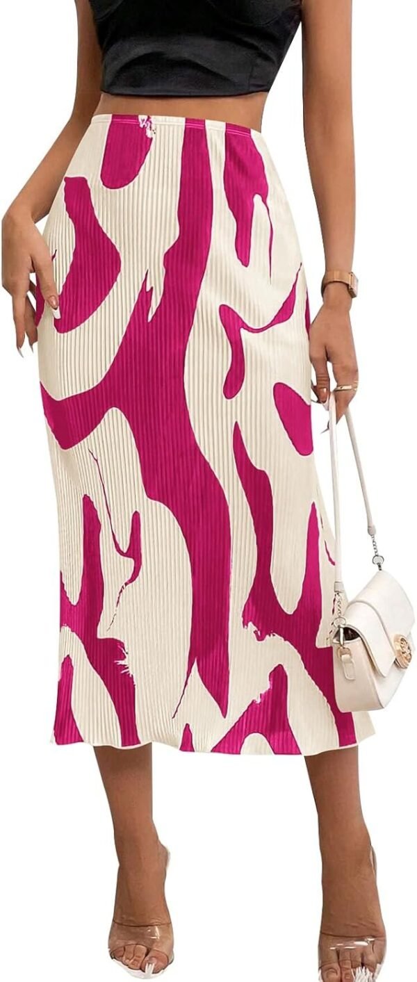 Women's Floral Casual Stretchy High Waisted Knee Length Pleated A Line Plisse Flared Hem Midi Skirt