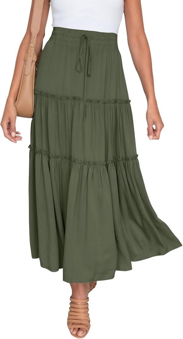 Women's Boho Elastic High Waist A Line Ruffle Swing Beach Maxi Skirt with Pockets
