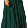 Women's Boho Elastic High Waist Pleated A-Line Flowy Swing Asymmetric Tiered Maxi Long Skirt Dress with Pockets