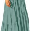 Women's Boho Elastic High Waist Pleated A-Line Flowy Swing Asymmetric Tiered Maxi Long Skirt Dress with Pockets