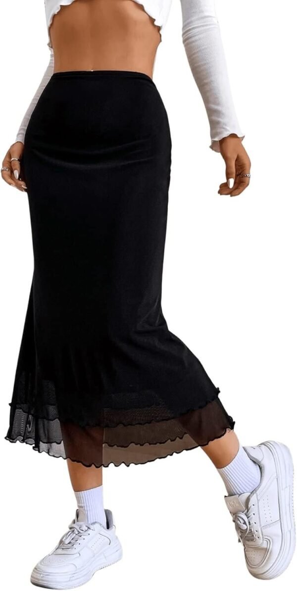 Women's Lettuce Trim High Waist Mesh Fishtail Bodycon Long Skirt