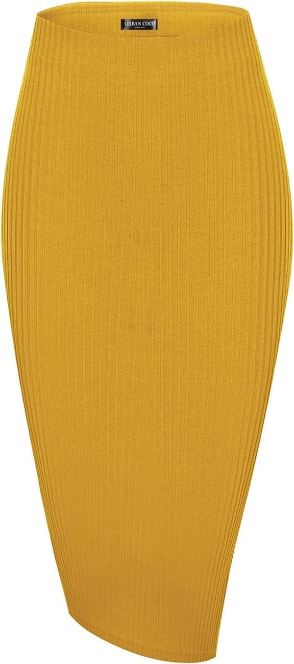 Elastic High Waist Knee Length Pencil Skirt Ribbed Knit Basic Tube Midi Skirt