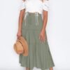 Women's Boho Elastic High Waist A Line Ruffle Swing Beach Maxi Skirt with Pockets
