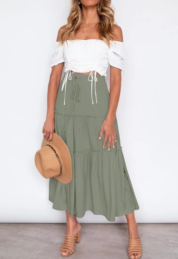 Women's Boho Elastic High Waist A Line Ruffle Swing Beach Maxi Skirt with Pockets
