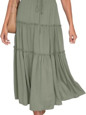 Women's Boho Elastic High Waist A Line Ruffle Swing Beach Maxi Skirt with Pockets