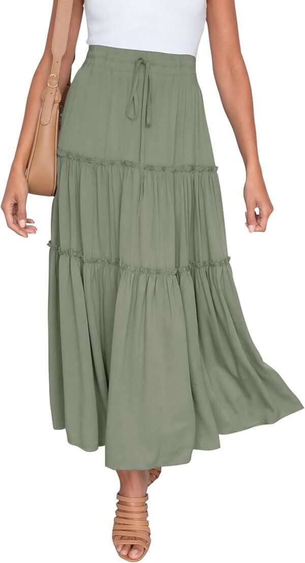 Women's Boho Elastic High Waist A Line Ruffle Swing Beach Maxi Skirt with Pockets