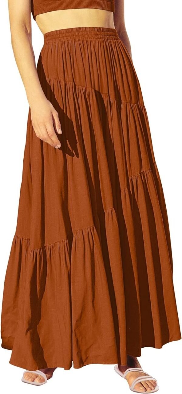 Women's Boho Elastic High Waist Pleated A-Line Flowy Swing Asymmetric Tiered Maxi Long Skirt Dress with Pockets