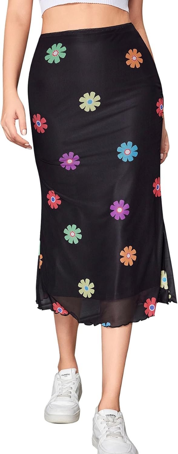 Women's Lettuce Trim High Waist Mesh Fishtail Bodycon Long Skirt