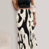 Women's Floral Casual Stretchy High Waisted Knee Length Pleated A Line Plisse Flared Hem Midi Skirt