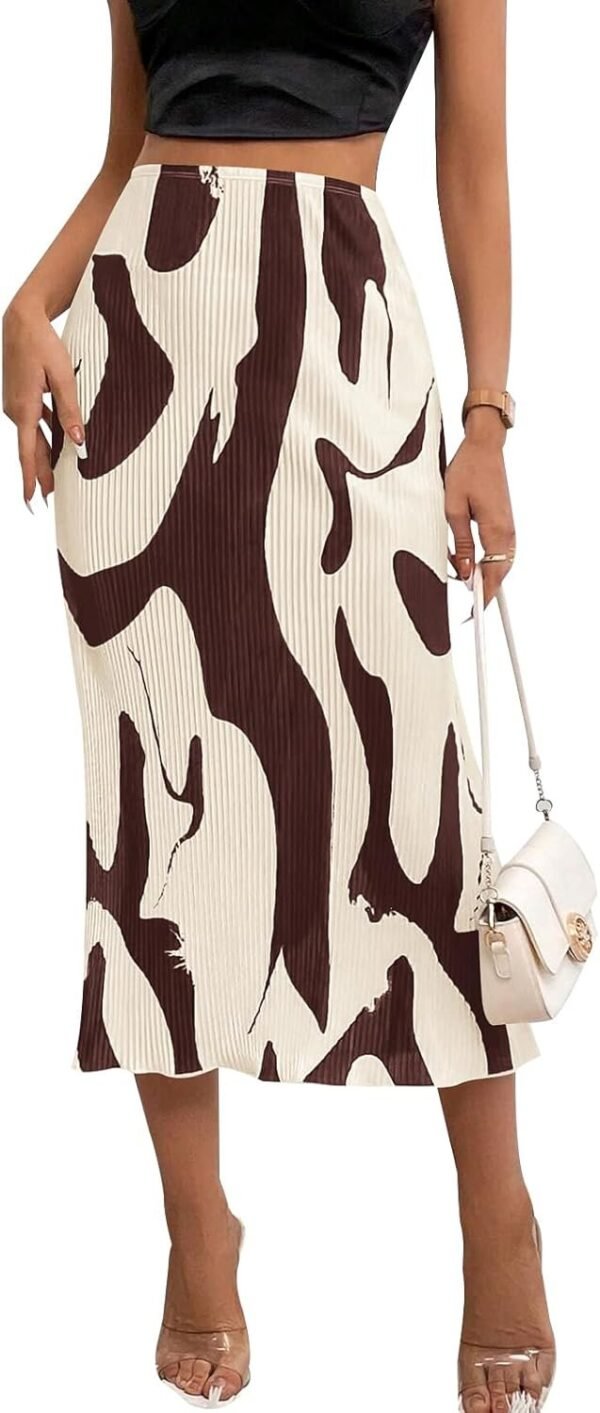 Women's Floral Casual Stretchy High Waisted Knee Length Pleated A Line Plisse Flared Hem Midi Skirt