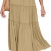 Women's Boho Elastic High Waist A Line Ruffle Swing Beach Maxi Skirt with Pockets