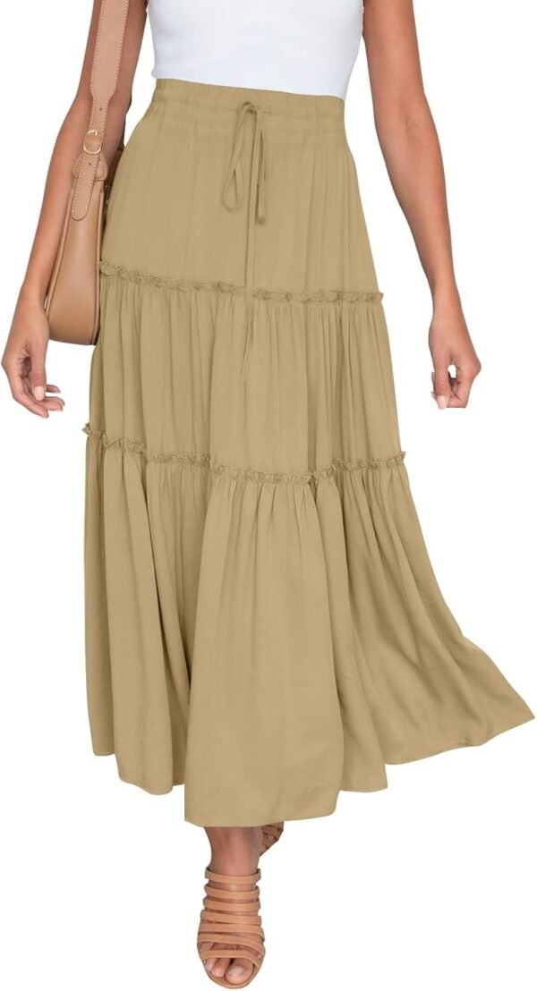 Women's Boho Elastic High Waist A Line Ruffle Swing Beach Maxi Skirt with Pockets