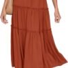 Women's Boho Elastic High Waist A Line Ruffle Swing Beach Maxi Skirt with Pockets