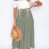 Women's Boho Elastic High Waist A Line Ruffle Swing Beach Maxi Skirt with Pockets