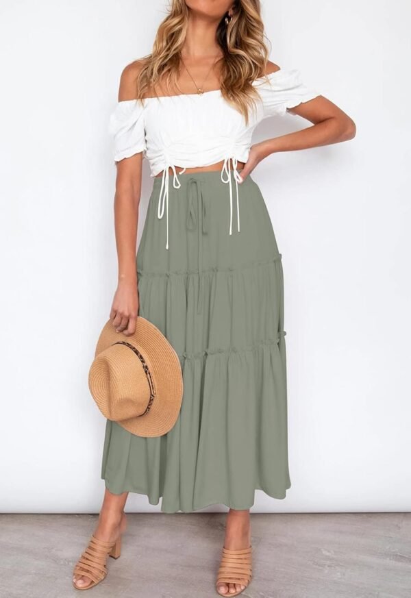 Women's Boho Elastic High Waist A Line Ruffle Swing Beach Maxi Skirt with Pockets