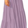 Women's Boho Elastic High Waist Pleated A-Line Flowy Swing Asymmetric Tiered Maxi Long Skirt Dress with Pockets