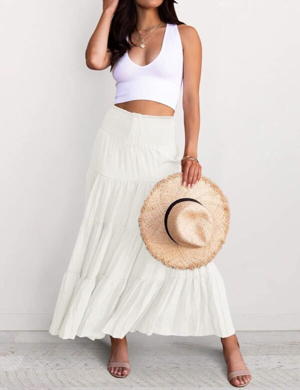 Women's 2024 Summer Elastic High Waist Boho Maxi Skirt Casual Drawstring A Line Flowy Long Skirts