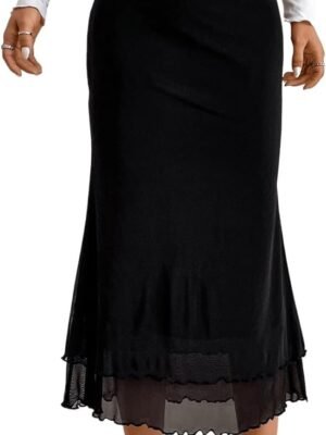 Women's Lettuce Trim High Waist Mesh Fishtail Bodycon Long Skirt