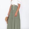 Women's Boho Elastic High Waist A Line Ruffle Swing Beach Maxi Skirt with Pockets