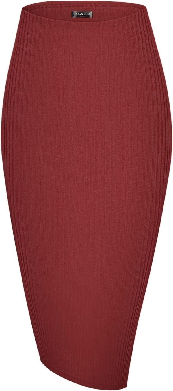 Elastic High Waist Knee Length Pencil Skirt Ribbed Knit Basic Tube Midi Skirt