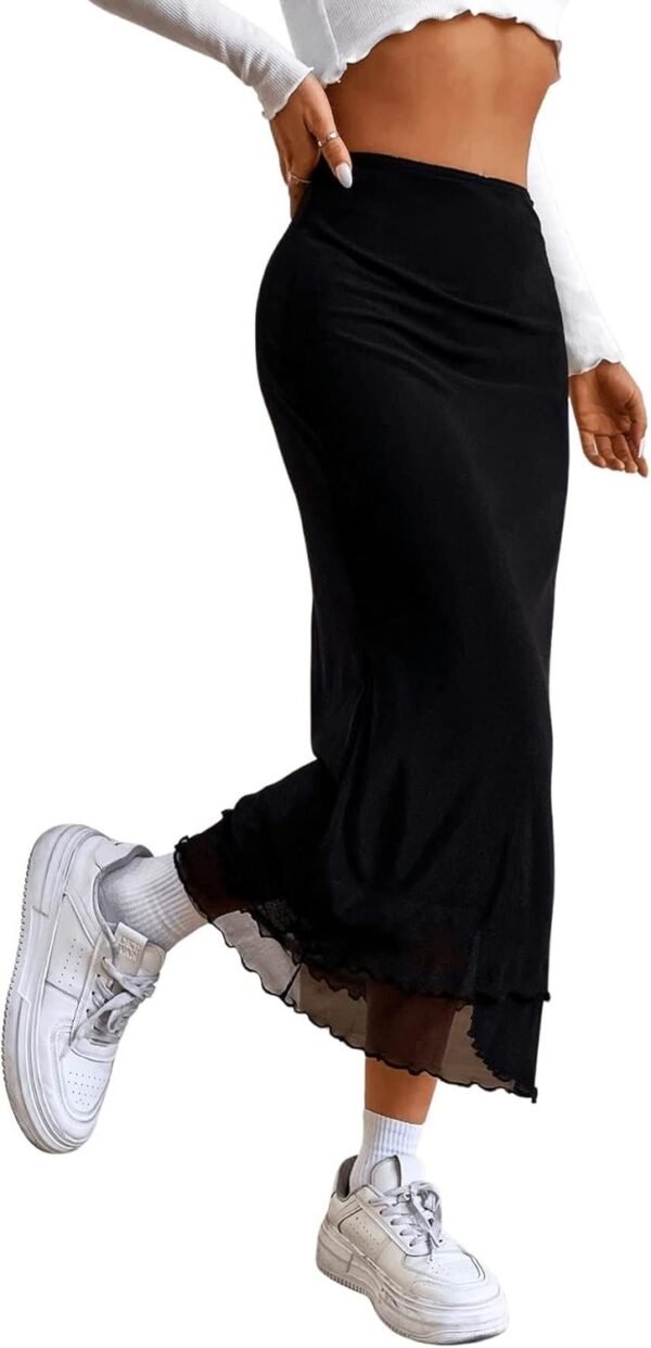 Women's Lettuce Trim High Waist Mesh Fishtail Bodycon Long Skirt