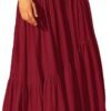 Women's Boho Elastic High Waist Pleated A-Line Flowy Swing Asymmetric Tiered Maxi Long Skirt Dress with Pockets