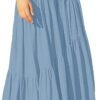 Women's Boho Elastic High Waist Pleated A-Line Flowy Swing Asymmetric Tiered Maxi Long Skirt Dress with Pockets