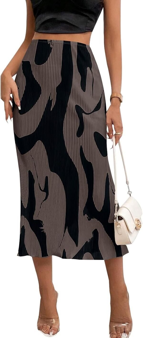 Women's Floral Casual Stretchy High Waisted Knee Length Pleated A Line Plisse Flared Hem Midi Skirt