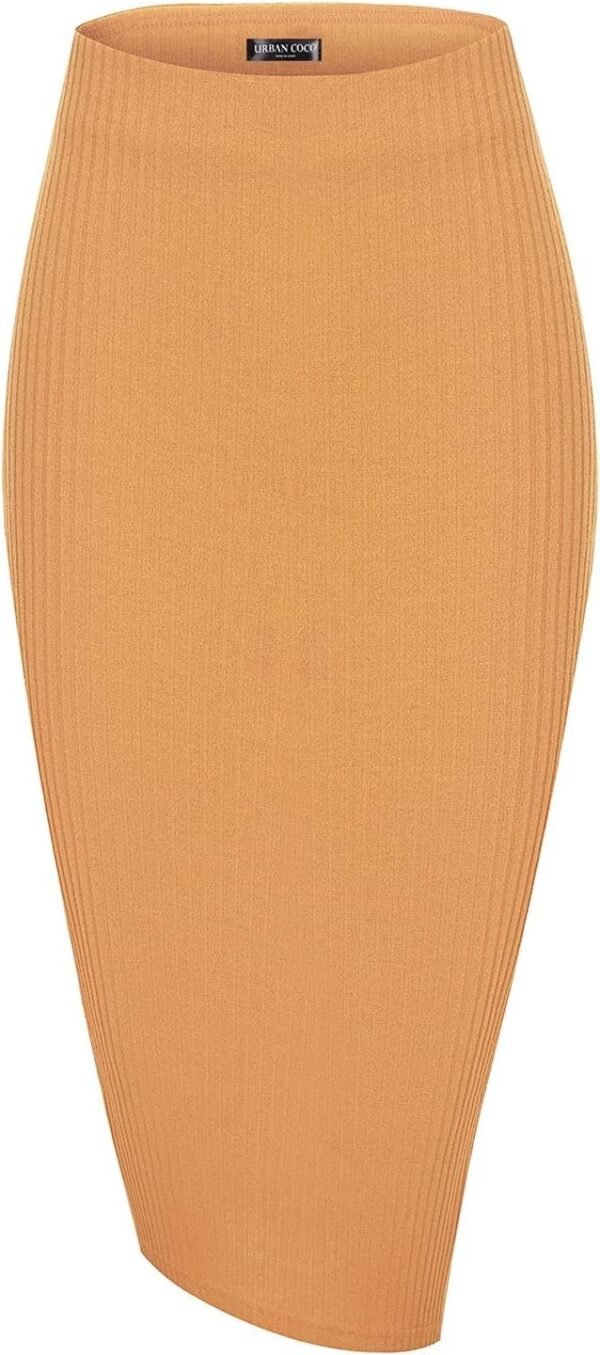 Elastic High Waist Knee Length Pencil Skirt Ribbed Knit Basic Tube Midi Skirt