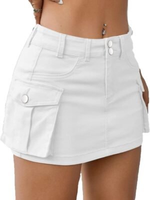Low Waist Skirt Women Button Mini Denim Skirt with Pocket Mini Skirt