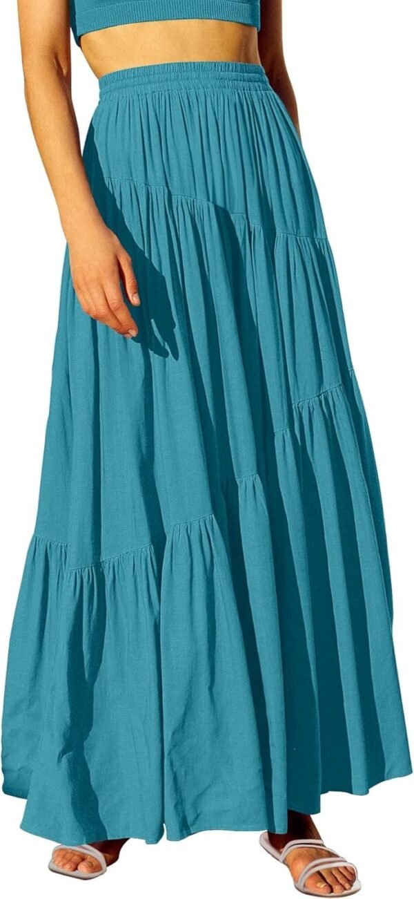 Women's Boho Elastic High Waist Pleated A-Line Flowy Swing Asymmetric Tiered Maxi Long Skirt Dress with Pockets