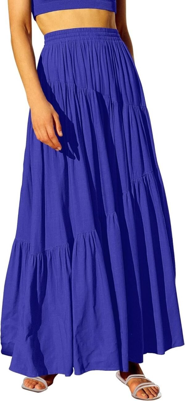 Women's Boho Elastic High Waist Pleated A-Line Flowy Swing Asymmetric Tiered Maxi Long Skirt Dress with Pockets