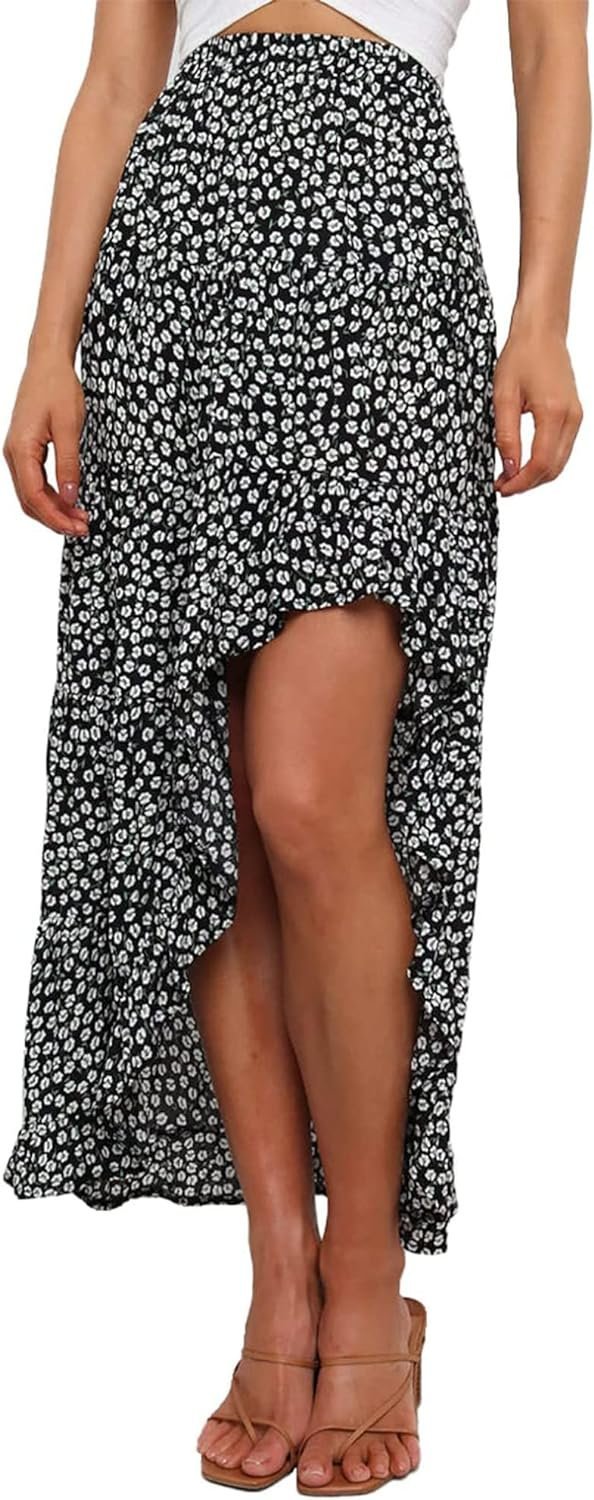 Women 2024 Summer Spring Boho Long Skirts Dress Floral Print Elastic Waist Split Ruffle High Low Beach Maxi Skirt