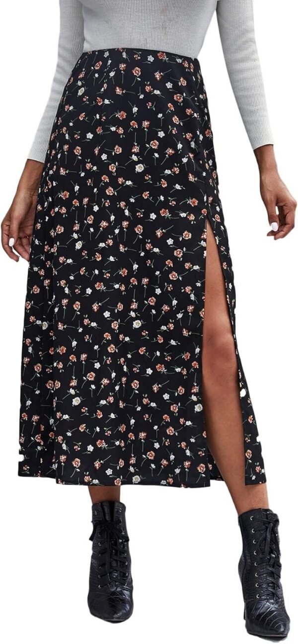 Women's Boho Floral High Waist Split A Line Midi Skirt