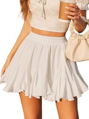 Women's Pleated Skater Skirt Basic Casual High Waisted Ruffles Flared Mini Lingerie Skirts