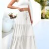 Women's 2024 Summer Boho Elastic High Waist Maxi Skirt A-Line Flowy Ruffle Tiered Long Beach Skirts with Pockets