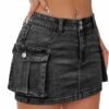 Women Denim Skirt Mini Low Waist Button Bodycon Y2K Flap Pockets Skirts