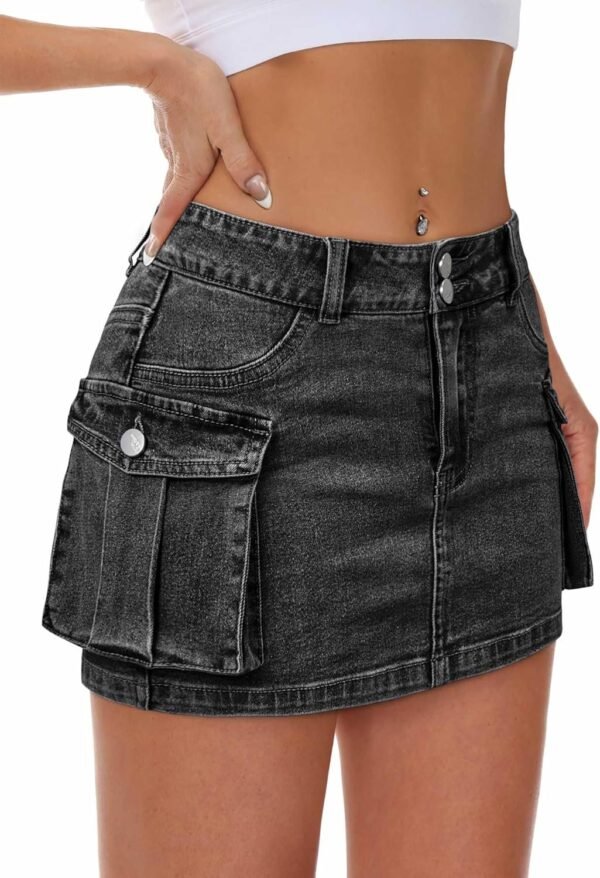Women Denim Skirt Mini Low Waist Button Bodycon Y2K Flap Pockets Skirts