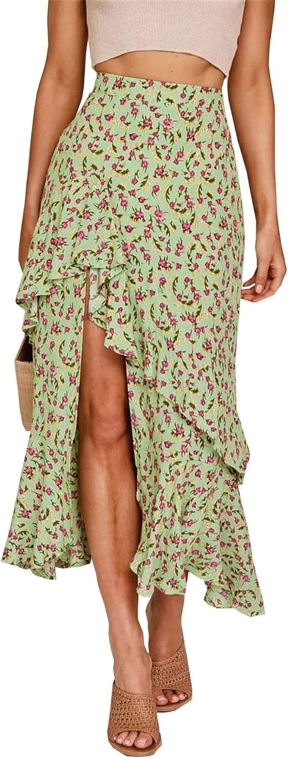 Women 2024 Summer Spring Boho Long Skirts Dress Floral Print Elastic Waist Split Ruffle High Low Beach Maxi Skirt